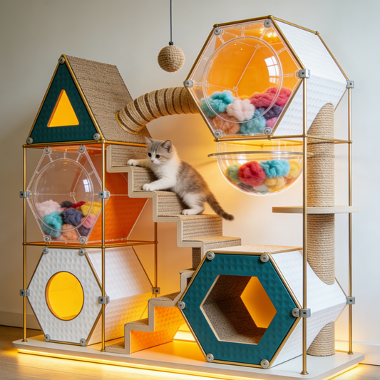 Prism Modular Cat Tower | Transparent Pods & Ambient Lighting for a Cyberpunk Feline Playground