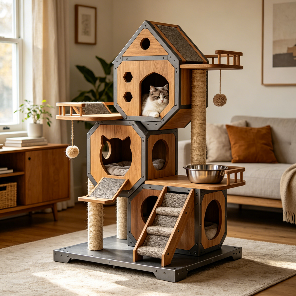 Industrial Modular Cat Tree | Sisal Scratchers, Feeding Bowl & Cat-Shaped Pods