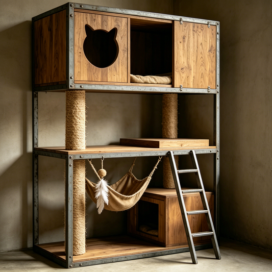Geometric Build-Your-Own Cat Tree | Metal & Solid Wood Playground with Zen Aesthetics