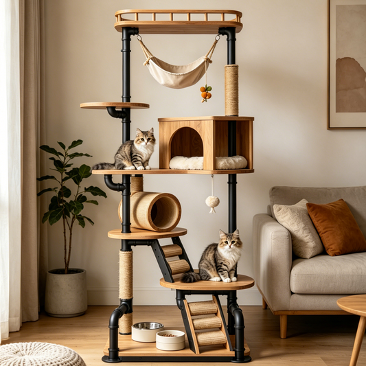 Industrial Pipe Cat Tower | All-in-One Feline Activity Center with Feeding Station