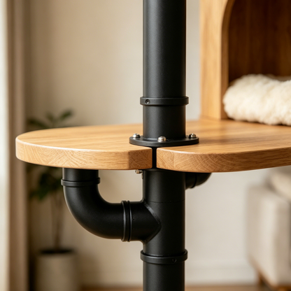 Industrial Pipe Cat Tower | All-in-One Feline Activity Center with Feeding Station