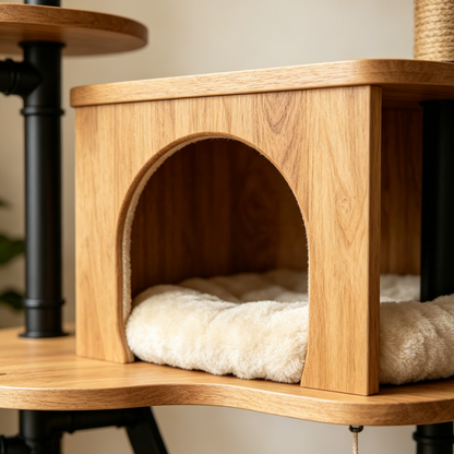 Industrial Pipe Cat Tower | All-in-One Feline Activity Center with Feeding Station