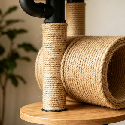 Industrial Pipe Cat Tower | All-in-One Feline Activity Center with Feeding Station