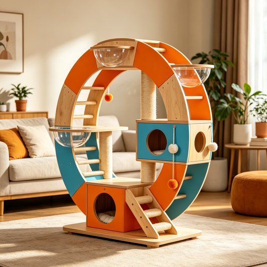 Infinity Loop Solid Wood Cat Tower | Color-Block Geometric Playground for Your Feline