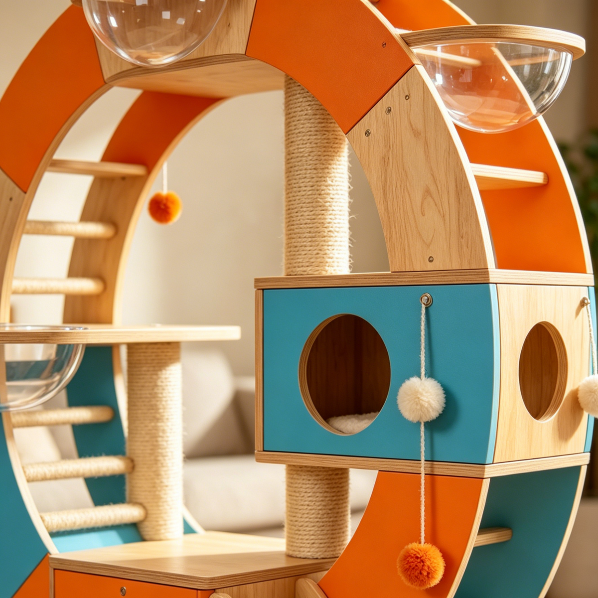 Infinity Loop Solid Wood Cat Tower | Color-Block Geometric Playground for Your Feline