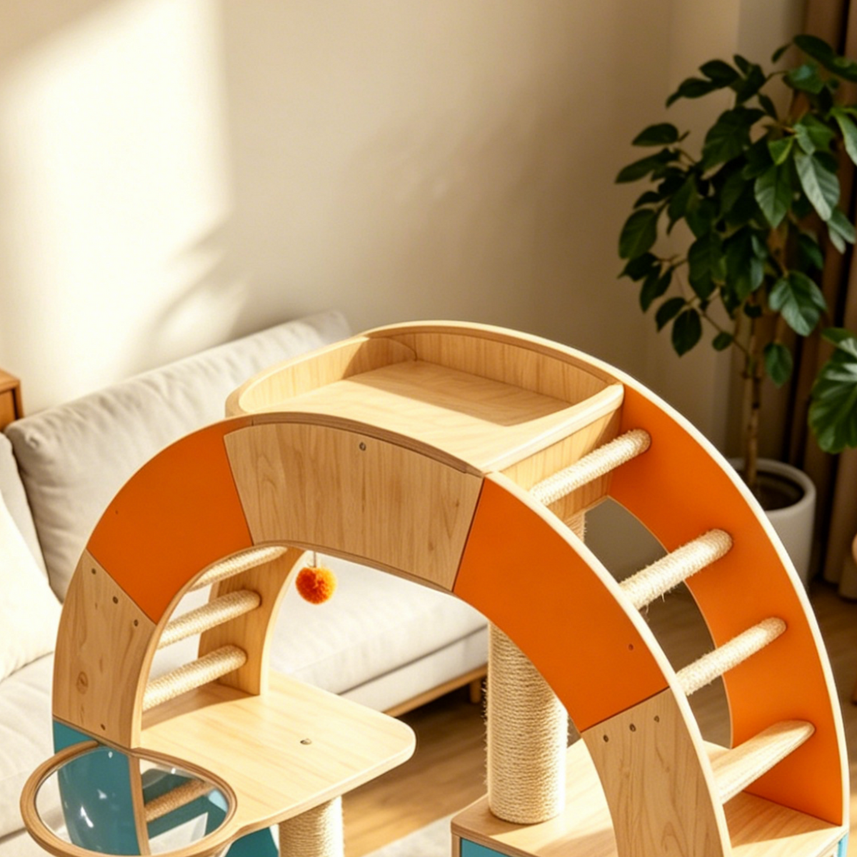Infinity Loop Solid Wood Cat Tower | Color-Block Geometric Playground for Your Feline