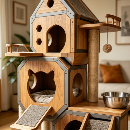 Industrial Modular Cat Tree | Sisal Scratchers, Feeding Bowl & Cat-Shaped Pods