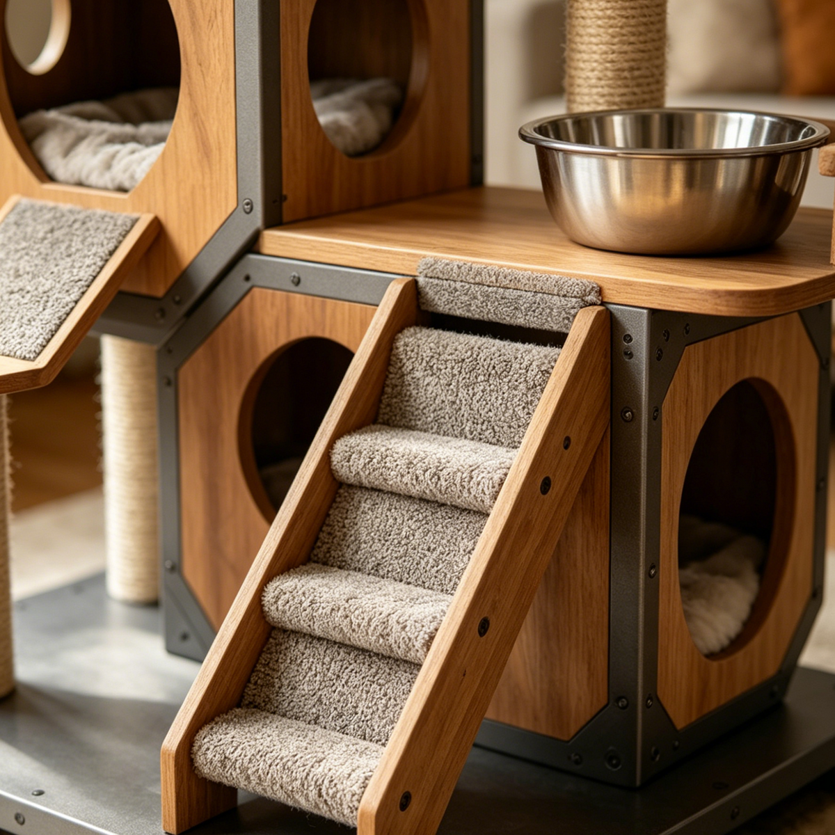 Industrial Modular Cat Tree | Sisal Scratchers, Feeding Bowl & Cat-Shaped Pods